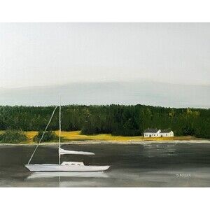 Original Oil Painting Sailboat New England Coastal Scene Wall Art 11x14 Signed